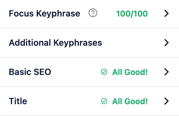 A scoresheet that rates the Nonprofit Resources Focus Keyphrase, additional keyphrases, Basic SEO, and Title. All are ranked as all good.